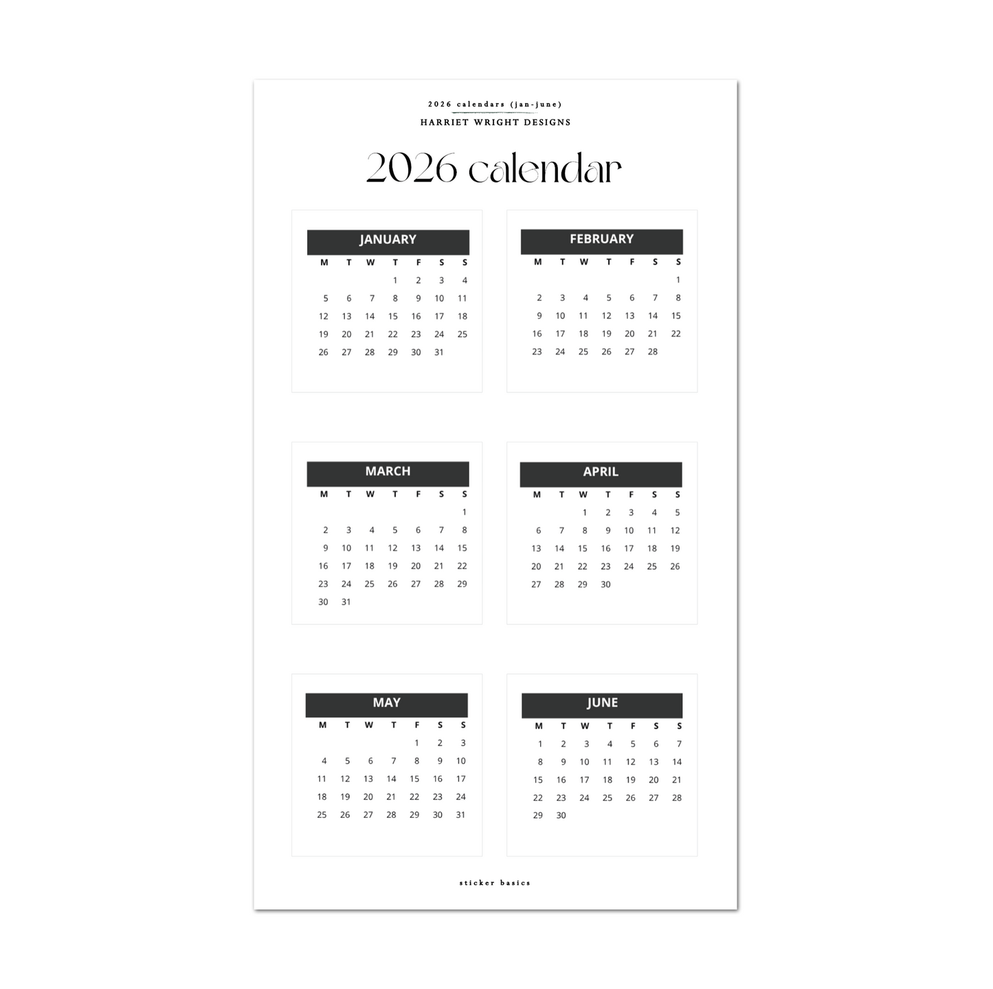 2026 Calendar (Jan-June) - Black | Sticker Basics