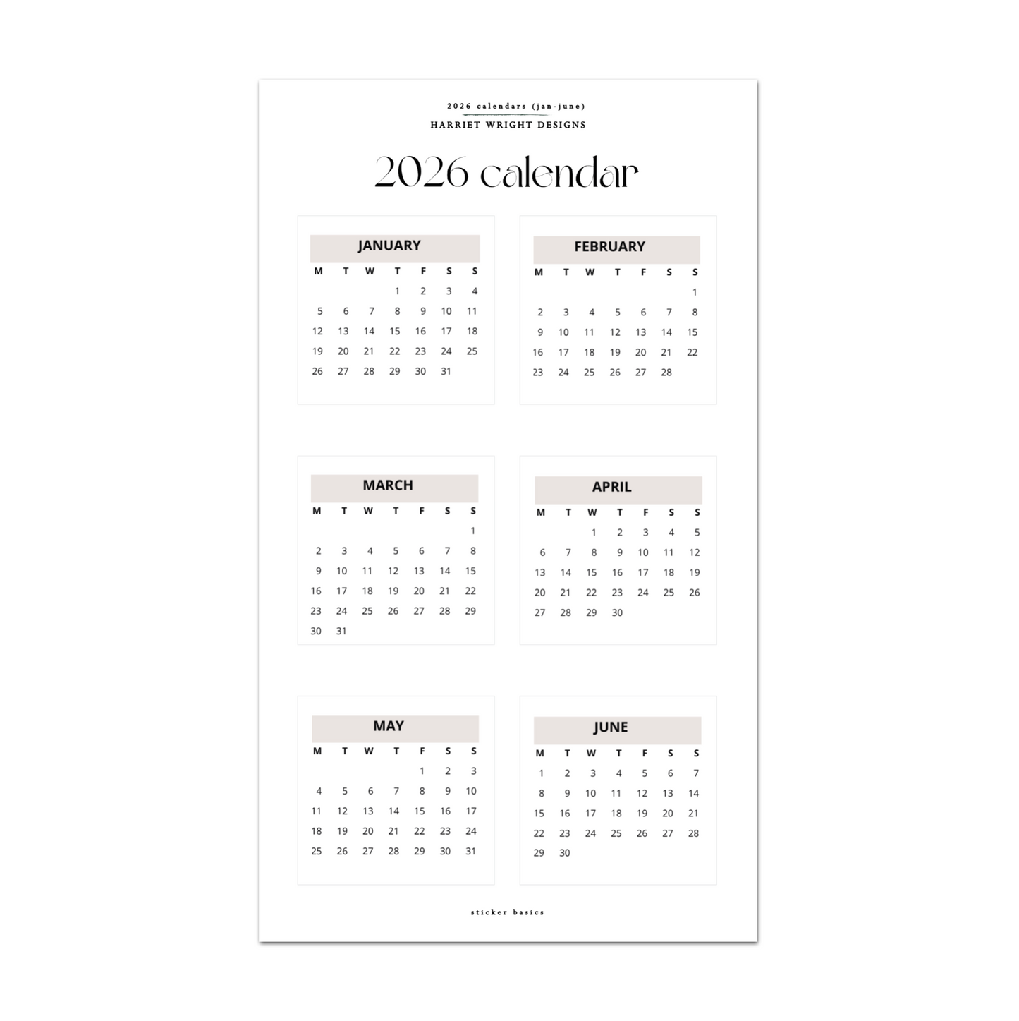 2026 Calendar (Jan-June) - Pink | Sticker Basics