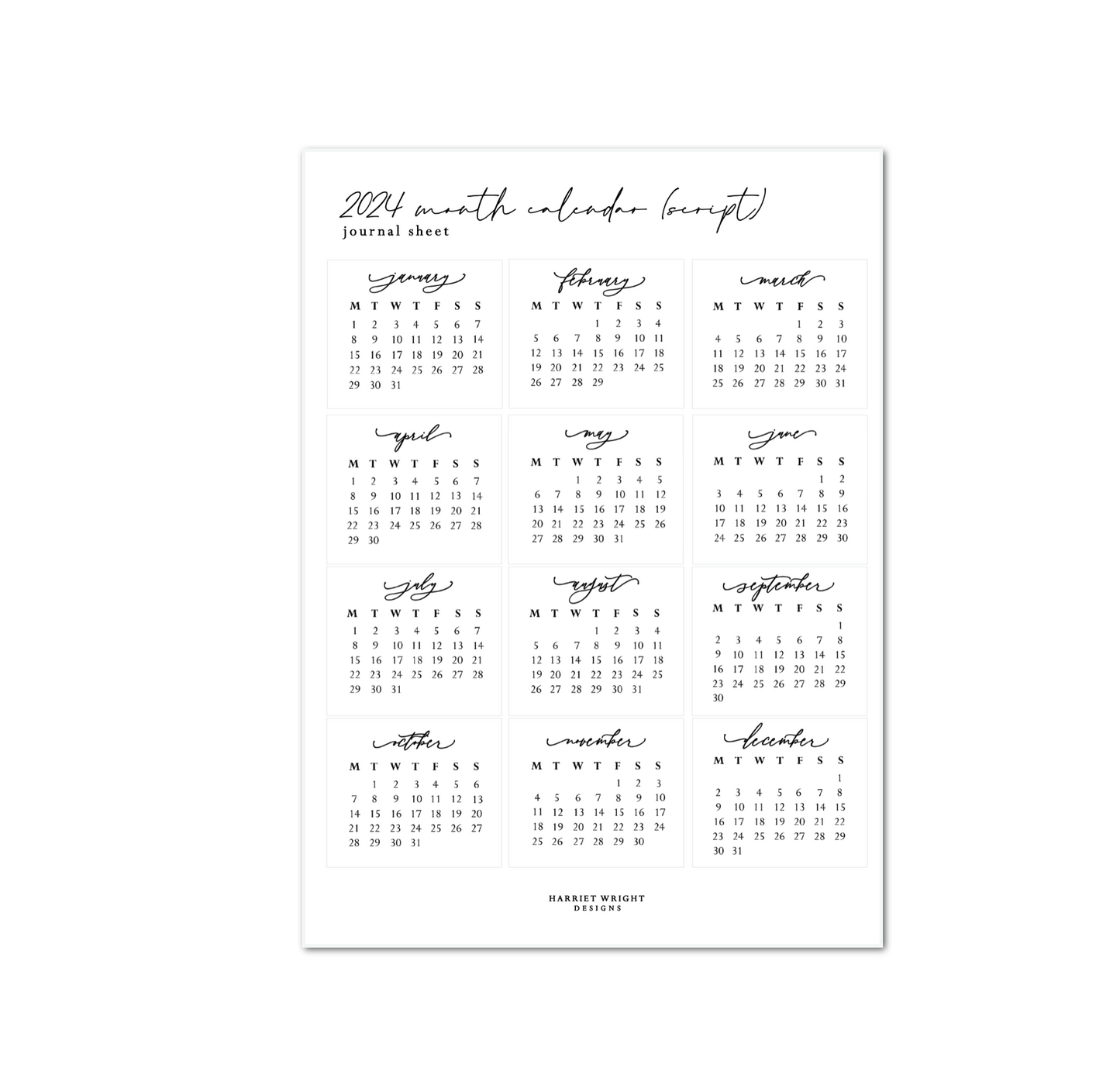 2024 Month Calendars (Script) || 2024 Collection