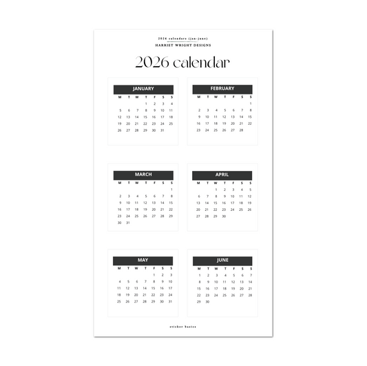 2026 Calendar (Jan-June) - Black | Sticker Basics
