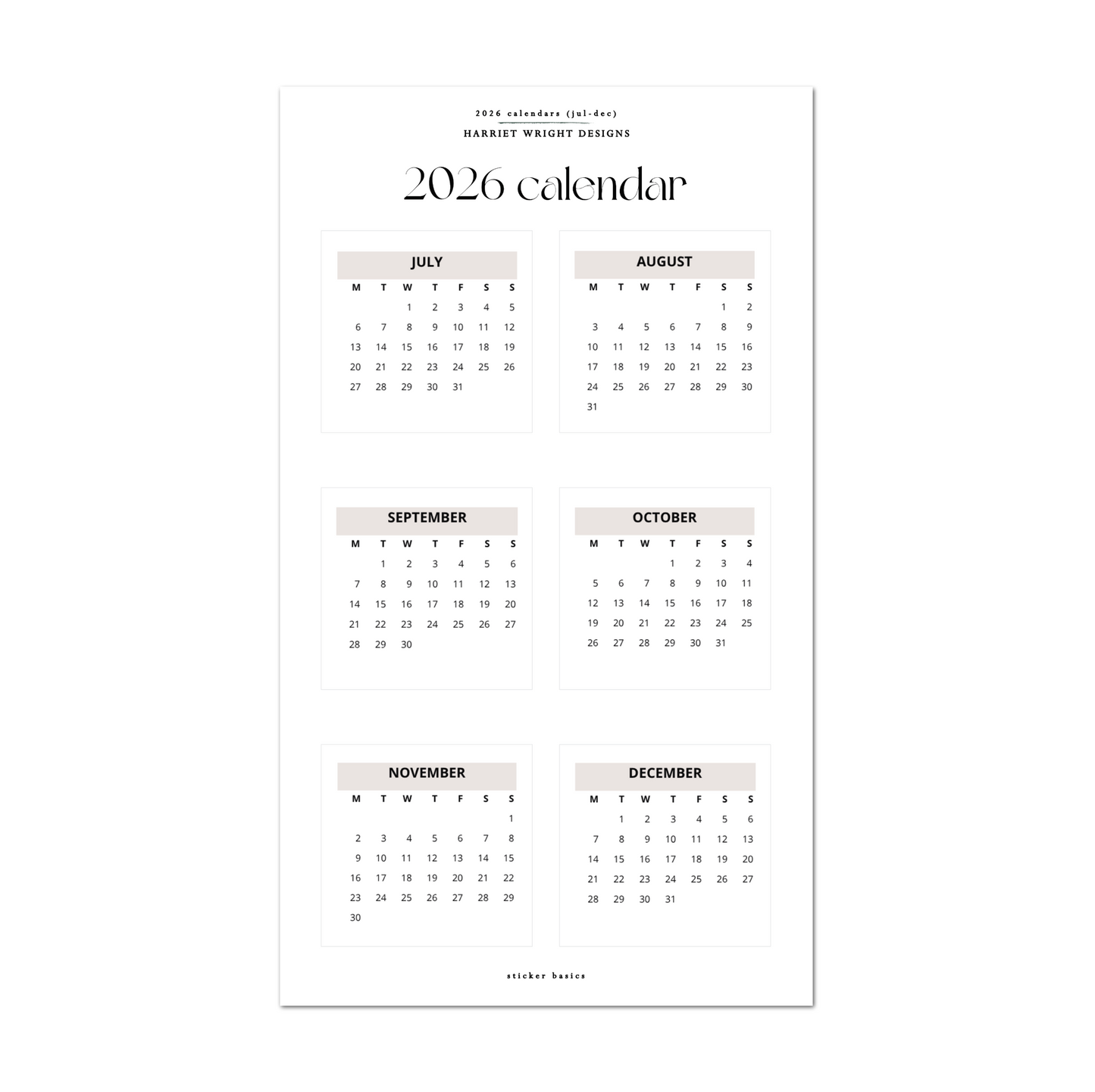 2026 Calendar (Jul-Dec) - Pink | Sticker Basics