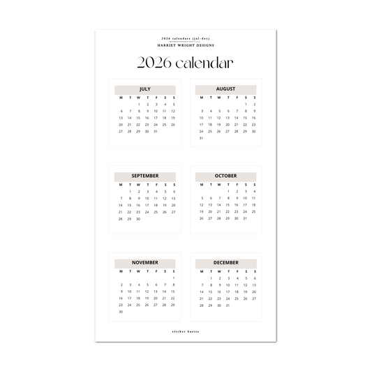 2026 Calendar (Jul-Dec) - Pink | Sticker Basics
