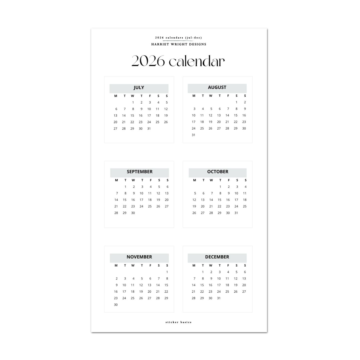2026 Calendar (Jul-Dec) - Grey | Sticker Basics