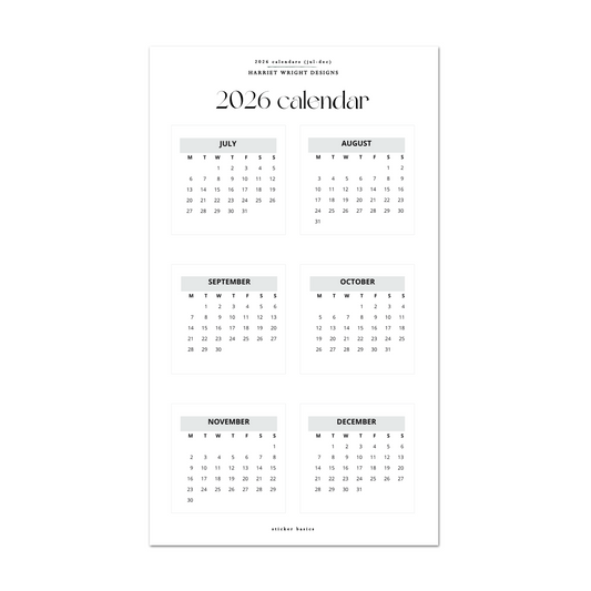 2026 Calendar (Jul-Dec) - Grey | Sticker Basics