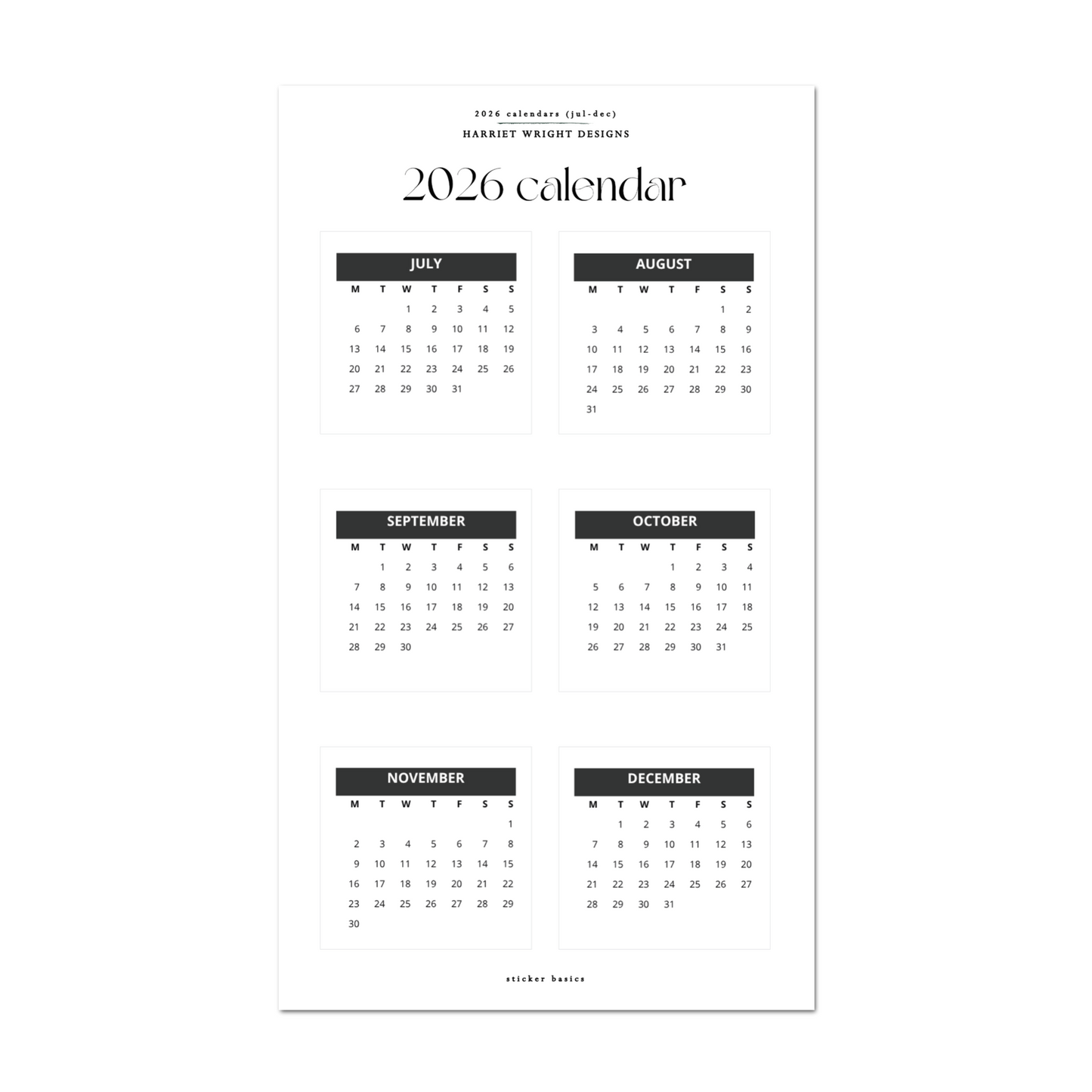 2026 Calendar (Jul-Dec) - Black | Sticker Basics