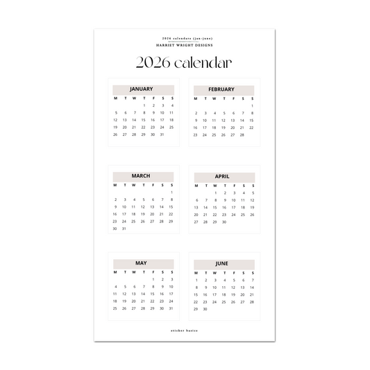 2026 Calendar (Jan-June) - Pink | Sticker Basics