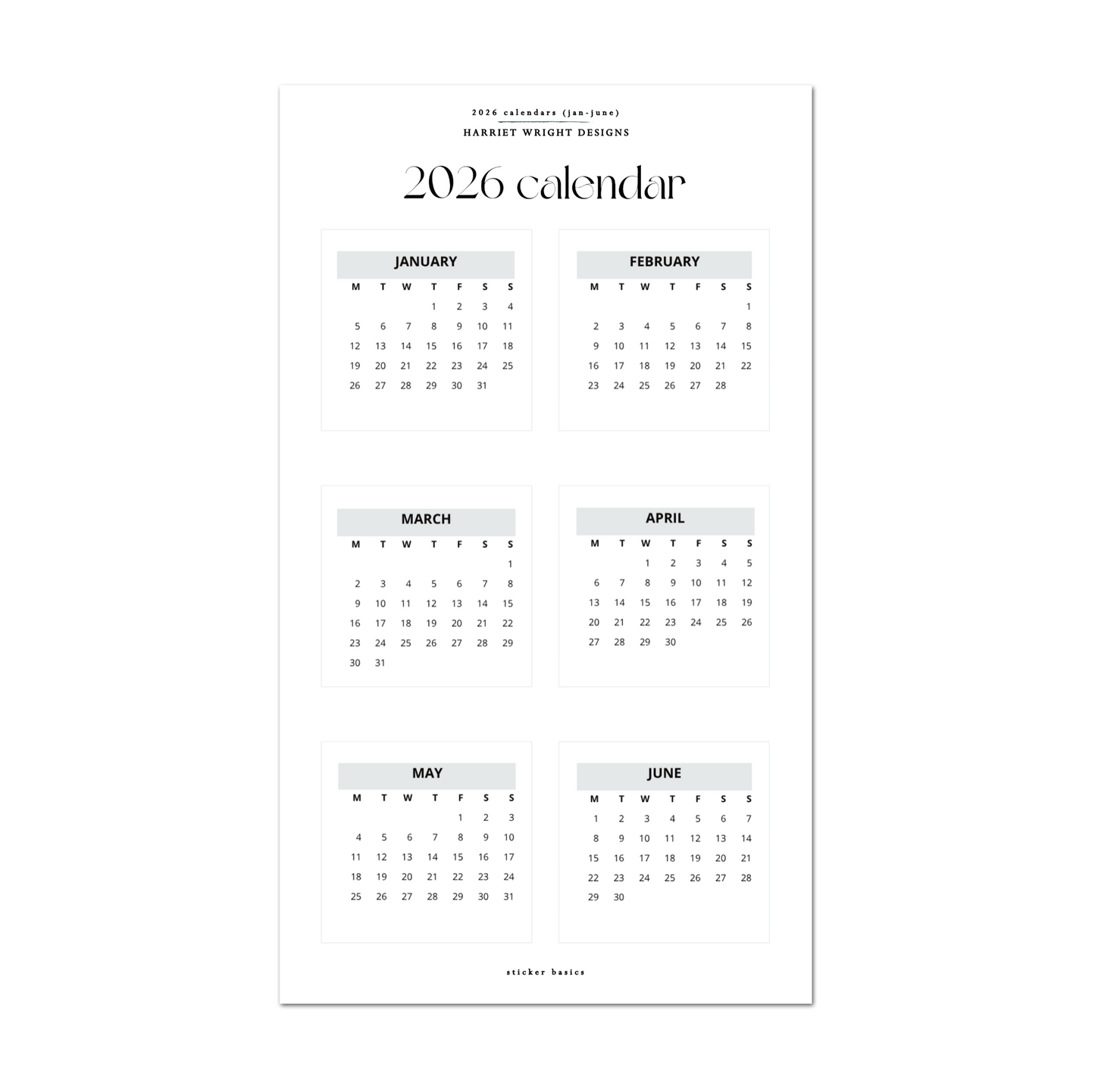 2026 Calendar (Jan-June) - Grey | Sticker Basics
