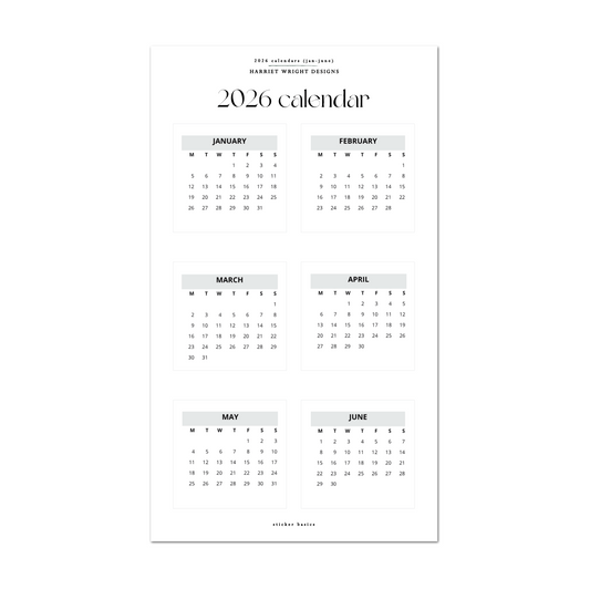 2026 Calendar (Jan-June) - Grey | Sticker Basics
